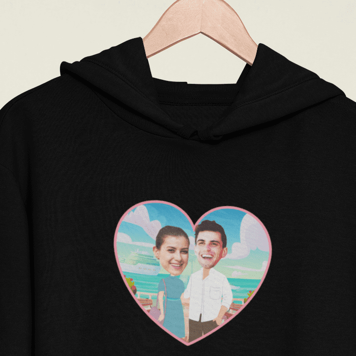 mockup-of-a-hanged-pullover-hoodie-in-a-tropical-setting-27020 (1) (1) Felpa cappuccio personalizzata cartoon coppia, idea regalo per coppia san valentino, natale, anniversario