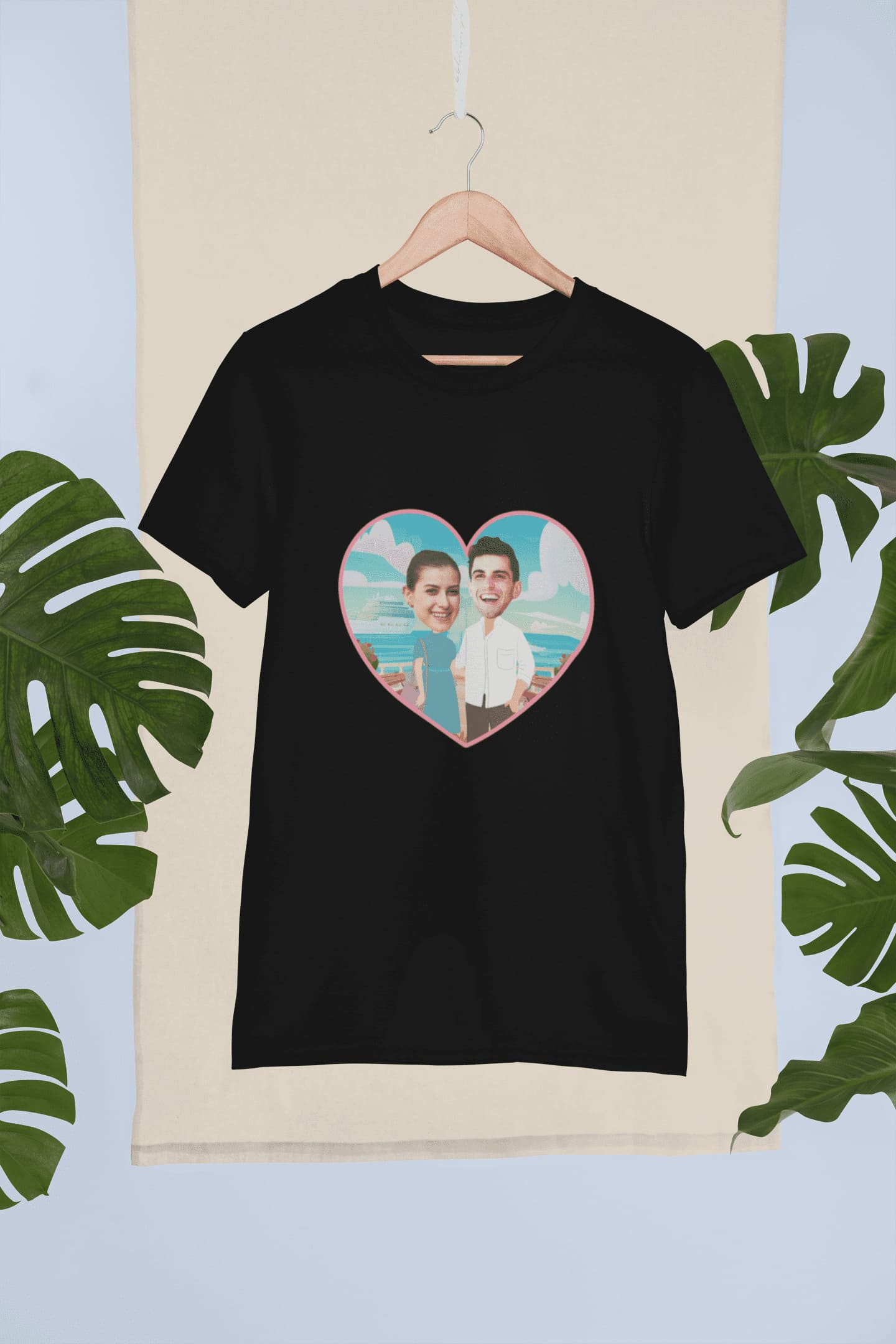 mockup-of-a-t-shirt-hanging-against-a-background-with-palms-27023 (1) T-shirt Maglietta Personalizzata Cartoon coppia, idea regalo per coppia san valentino, natale, anniversario